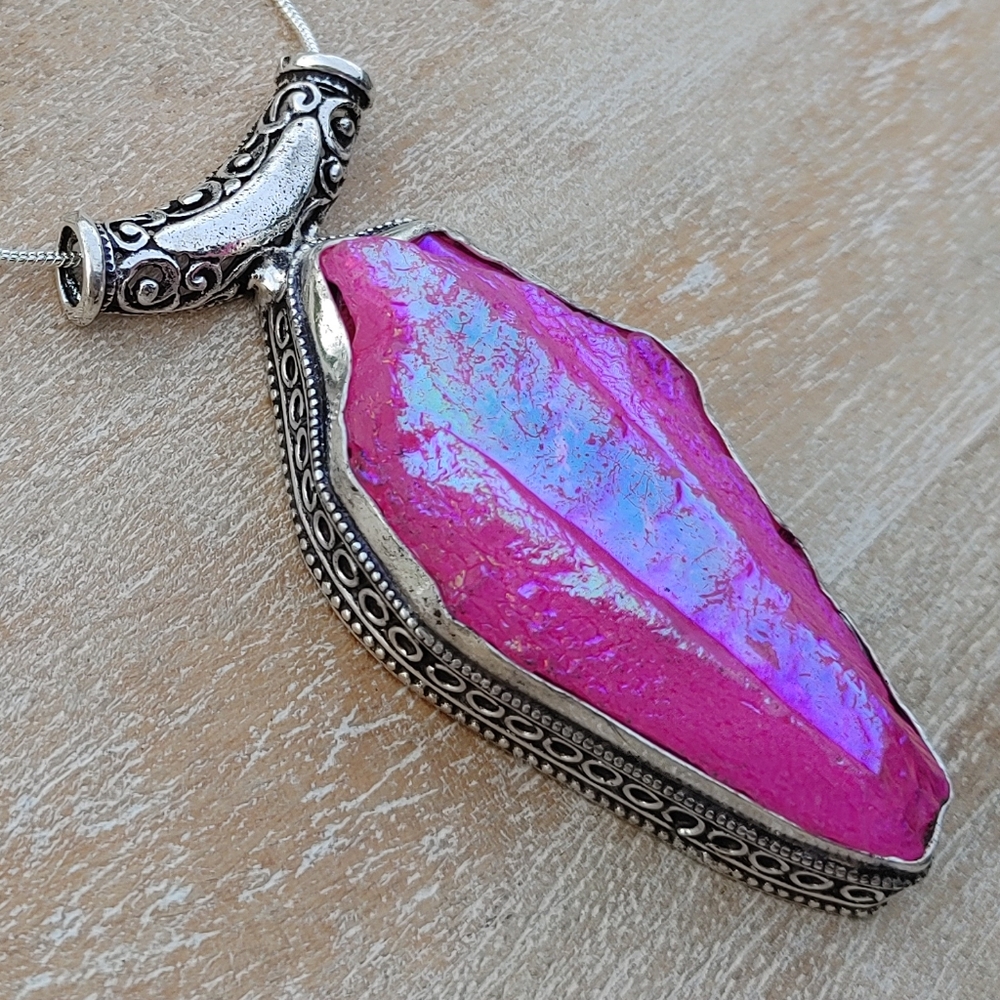 Artisan Pink Iridescent Druzy Pendant Necklace